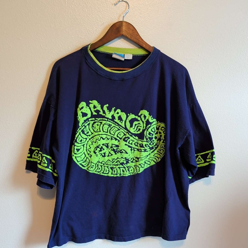 VTG Balboa Graphic T-Shirt Mens XL Navy Blue Neon Green Vintage Oversized
